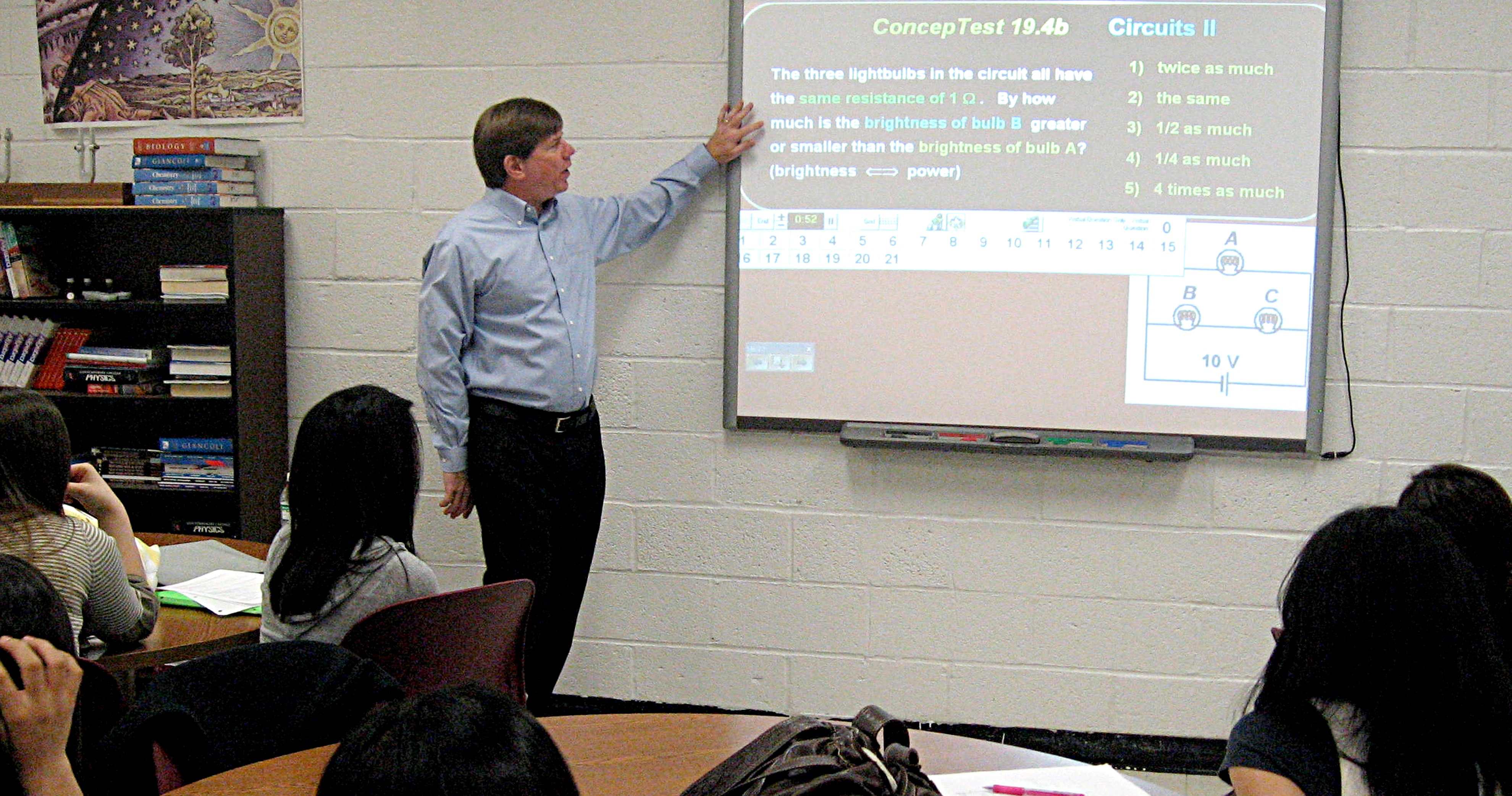 Teacher at instructing from a projector